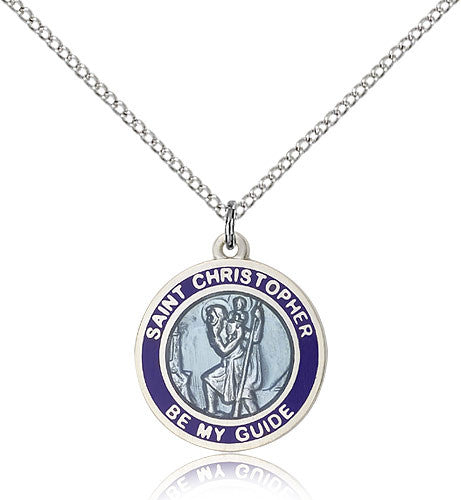 Sterling Silver blue enamel St. Christopher medal on 18 inch Rhodium chain. St. Christopher Be My Guide