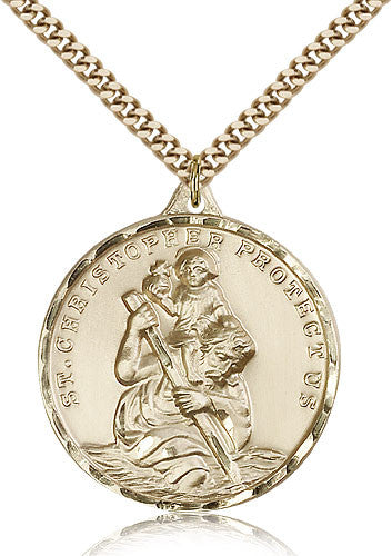 Gold filled St. Christopher on 24inch gold plated chain . Medal is 1 x 7/8 inches and says St. Christopher protect us.