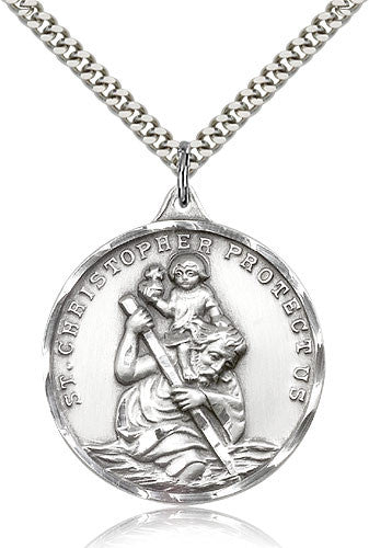 Sterling Silver St. Christopher medal 1 x 7/8 inches on a 24 inch Rhodium chain. St. Christopher protect us.