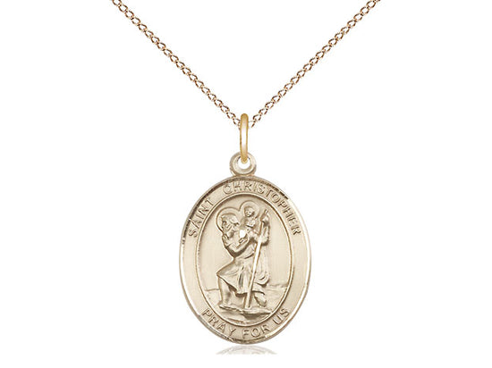 Gold filled St. Christopher medal 3/4 x 1/2 inch on a 24 inch gold plated chain. St. Christopher pray for us.